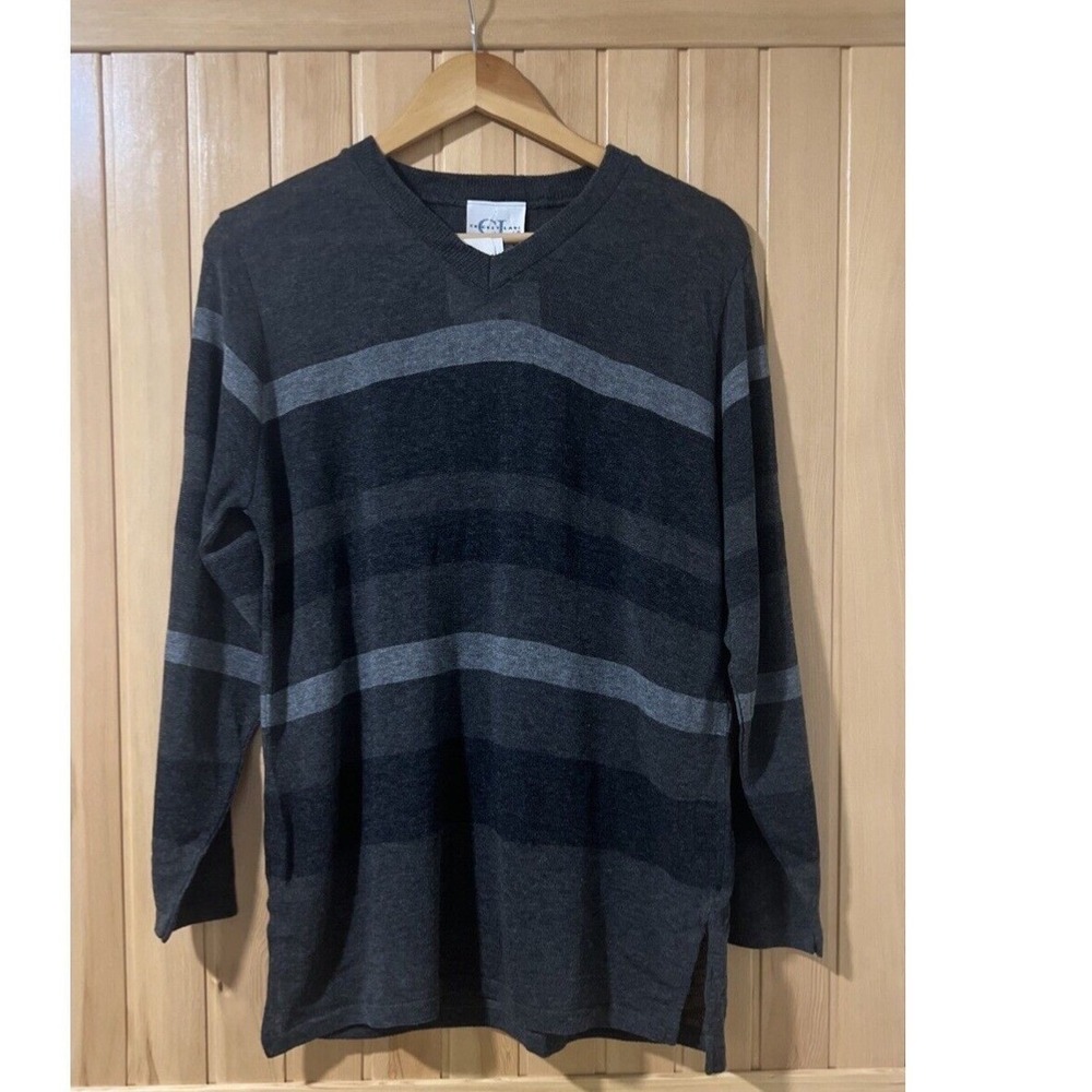 Cricket Lane Striped V-Neck Sweater Women's Medium  Grey NWT Vintage Made in USA